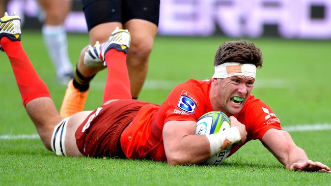 Sunwolves' Michael Stolberg scores a try against the Hurricanes last month.