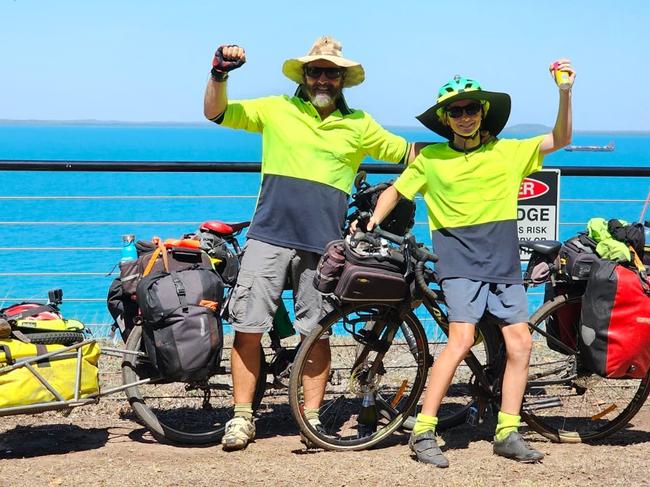 Phil and Ned arrive in Darwin.  Phil Wise with son Ned 14 cycled from Hobart to Darwin.  Picture: Jane Dermer