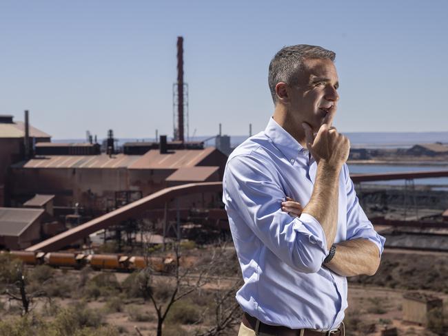 Premier Peter Malinauskas stands on Hummock Hill Lookout in Whyalla, overlooking Whyalla Steelworks . 17th February 2025 Picture: Brett Hartwig