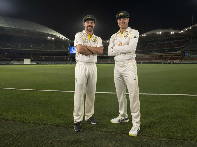 South Australian cricketers Travis Head and Alex Carey get ready to represent Australia against the old foe England in the Ashes at Adelaide Oval. Picture Simon Cross