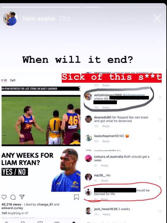 Willie Rioli uploaded this to his Instagram story after racial abuse was directed at teammate Liam Ryan.