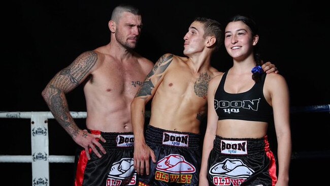 Gold Coast boxer John Wayne Parr with Rocky and JWP's daughter Jazzy. Picture: CHRIS HYDE