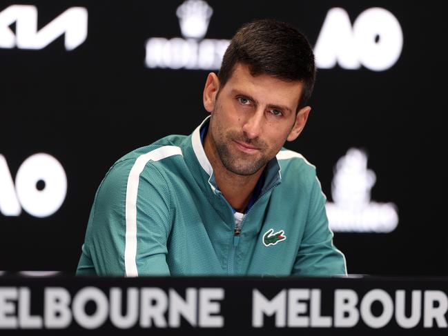 MELBOURNE, AUSTRALIA - JANUARY 13: Novak Djokovic of Serbia speaks to the media at a press conference ahead of the 2024 Australian Open at Melbourne Park on January 13, 2024 in Melbourne, Australia. (Photo by Phil Walter/Getty Images)