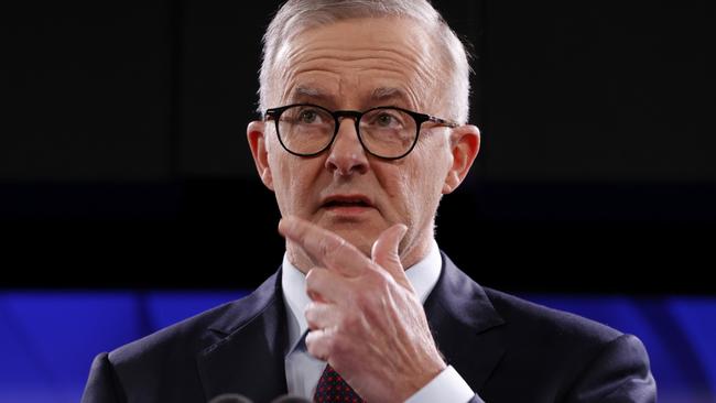 Australian Labor Leader Anthony Albanese speaks at the National Press Club on Wednesday. Picture: Lisa Maree Williams/Getty Images