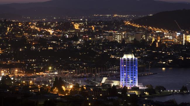 Wrest Point lit blue. Picture Chris Kidd