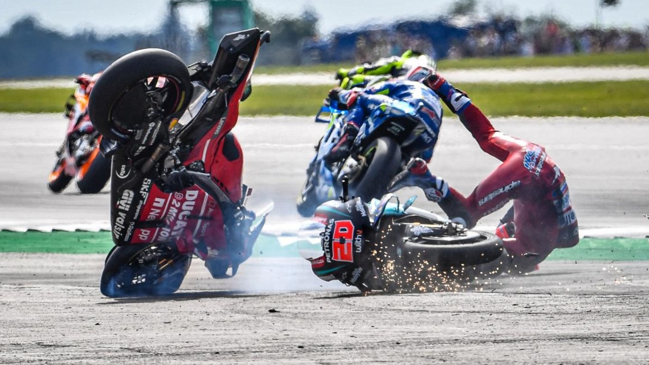 Flashpoint: Dovizioso falls after launching off Quartararo's bike. (Pic: MotoGP.com)