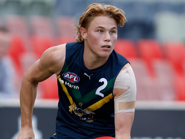 MELBOURNE, AUSTRALIA - APRIL 13: Levi Ashcroft of the AFL Academy in action during the 2024 AFL Academy match between the Marsh AFL National Academy Boys and Coburg Lions at Ikon Park on April 13, 2024 in Melbourne, Australia. (Photo by Michael Willson/AFL Photos via Getty Images)