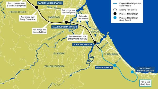 Map of the planned extension of the Gold Coast heavy rail to Gold Coast Airport