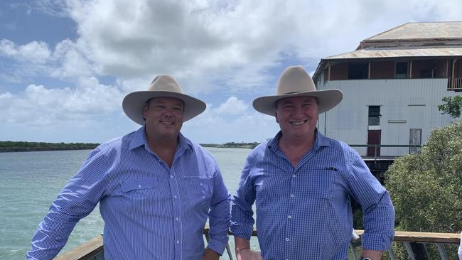 Dawson LNP candidate Andrew Willcox and Deputy Prime Minister Barnaby Joyce at the Pioneer River in Mackay. Both have warned Central and North Queensland voters about a potential ‘Labor-Greens alliance.’ Picture: Contributed