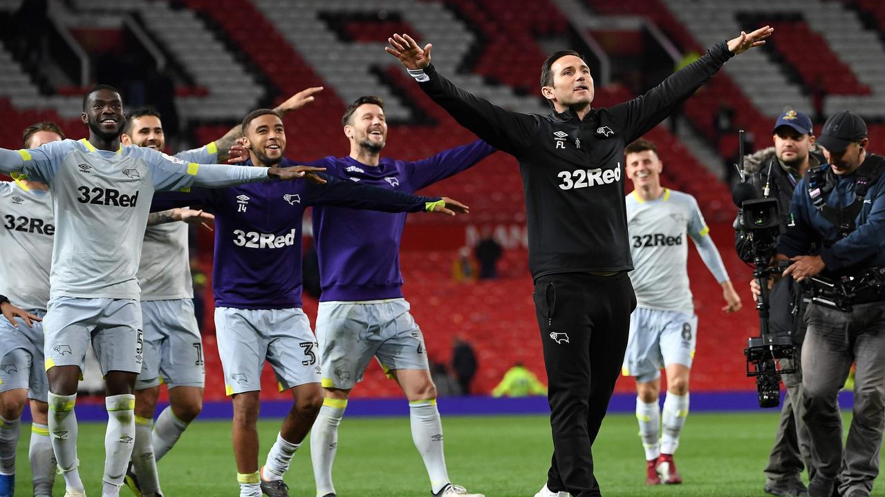 Derby manager Frank Lampard celebrates beating his former boss Jose Mourinho. Picture: AFP