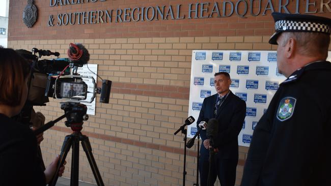 Detective Inspector Damien Smith speaking to media at the Toowoomba Police Station on Friday, July 14, following a fatal stolen car crash at Newtown. Picture: Peta McEachern