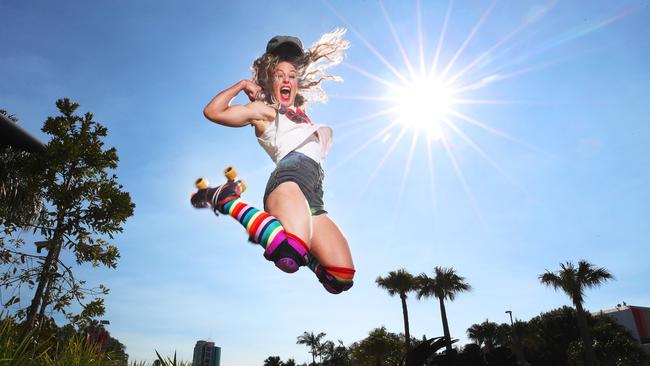 Carla Baxter,AKA Dead Meat from the cast of Roller Coaster, leaps for joy that she will be performing at the Bleach Festival this August. Picture Glenn Hampson