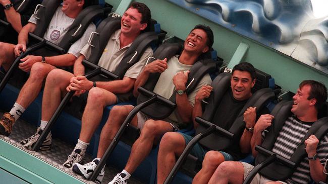 Cronulla Sharks players Danny Lee, Tawera Nikau, Richard Barnett and Craig Greenhill on the Wipeout.