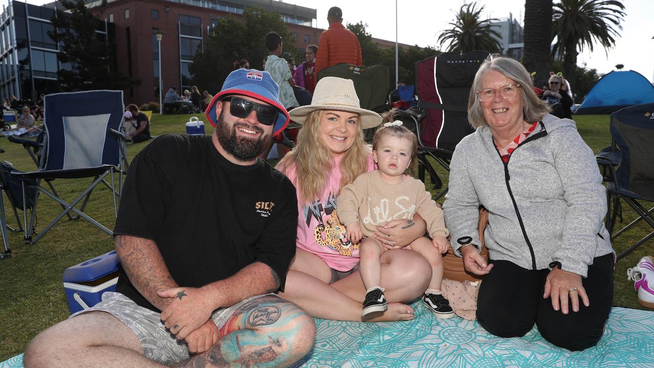 Jake, Sharni and Sadie Doughty and Lorraine Swain. Locals and visitors arrived early to get a good spot for the Geelong New Years Eve celebrations. Picture: Alan Barber