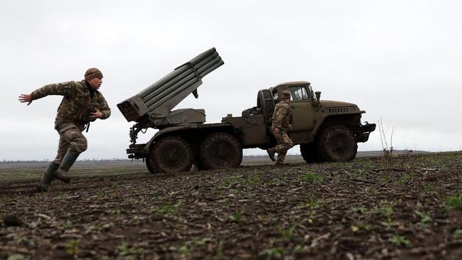 A crew of the BM-21 'Grad' multiple rocket launcher prepares to fire towards Russian positions on the front line near Bakhmut. Picture: AFP