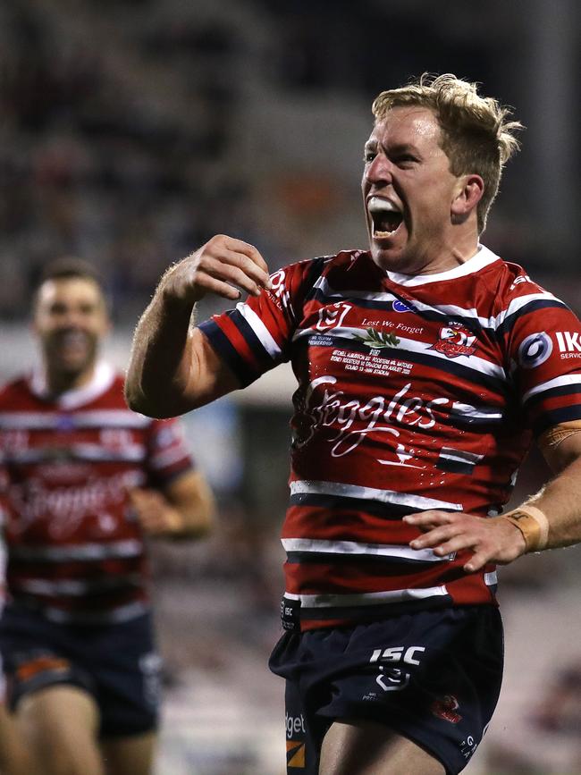 Roosters' Mitch Aubusson celebrates try during NRL match between the St. George-Illawarra Dragons and Sydney Roosters at Win Stadium, Wollongong. Picture. Phil Hillyard