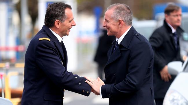 Prefect of the Northern Seas Admiral Philippe Ausseur greets Premier Jay Weatherill at the DCNS Shipyard at Cherbourg, France. Picture: Calum Robertson