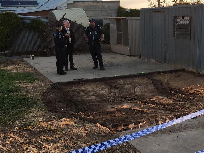 Police at the Maitland property where they dug for the remains of Colleen Adams who disappeared in 1973. Picture: Naomi Jellicoe