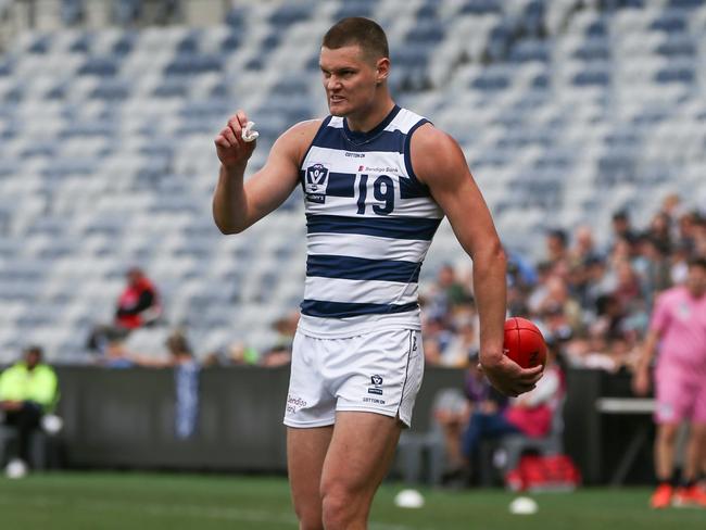 GEELONG, AUSTRALIA - SEPTEMBER 07: Phoenix Foster of the Cats lines up for goal during the 2024 VFL First Semi Final match between the Geelong Cats and Southport Sharks at GMHBA Stadium on September 07, 2024 in Geelong, Australia. (Photo by Rob Lawson/AFL Photos via Getty Images)