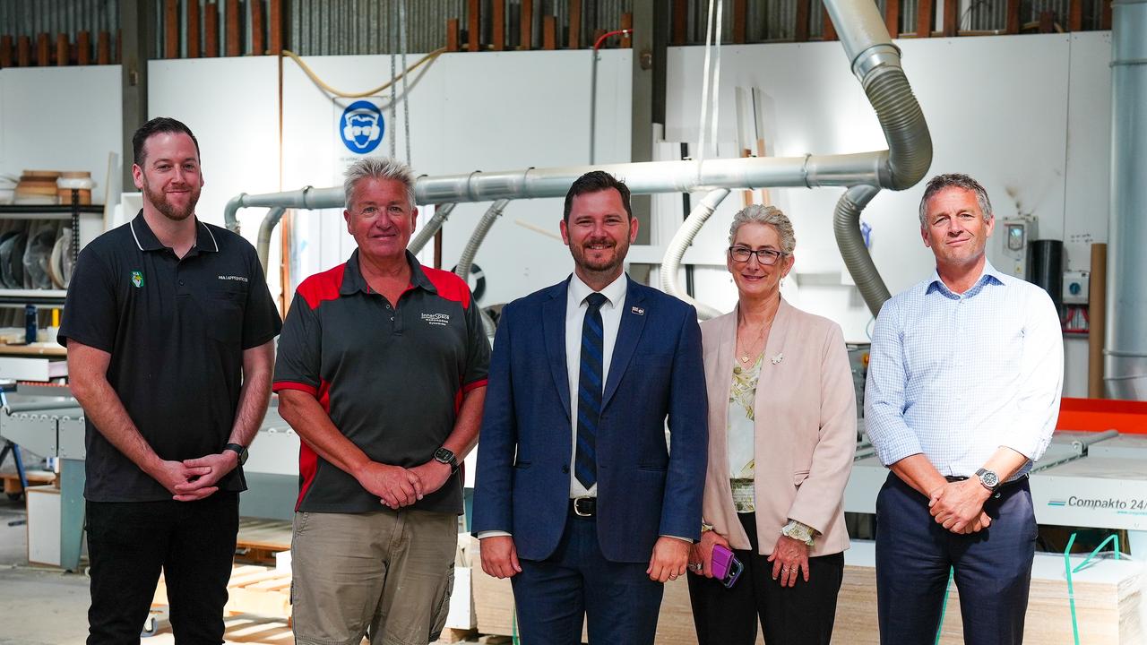 HAI representative Jacob Sertori, business owner Ken Saville, business owner, Minister Felix Ellis, COW representative Robyn Pearce and David Clerk from Master Builders at Invermay on Tuesday, February 25, 2025.