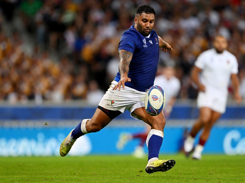 LILLE, FRANCE - OCTOBER 07: Lima Sopoaga of Samoa kicks the ball clear during the Rugby World Cup France 2023 match between England and Samoa at Stade Pierre Mauroy on October 07, 2023 in Lille, France. (Photo by Dan Mullan/Getty Images)