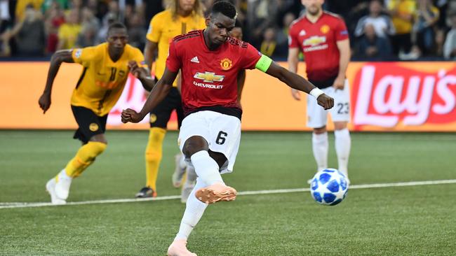 Manchester United’s Paul Pogba scores a penalty during the UEFA Champions League Group H against Young Boys in Bern. Picture: AFP
