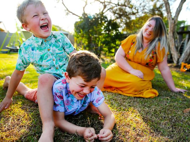 Daily Telegraph.  Ellie Hearfield 28 with her sons Hudson (5yrs old blue shirt) and  Knox (4yrs old green shirt) at their house in Junction Hill in the NSW Clarence Valley  Pic Nathan Edwards.