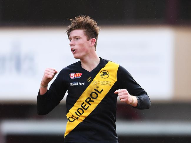 SANFL: North v Glenelg at Prospect Oval-Lachlan Hosie celebrates a goal Sunday,August 5,2018 (Image AAP/Mark Brake)