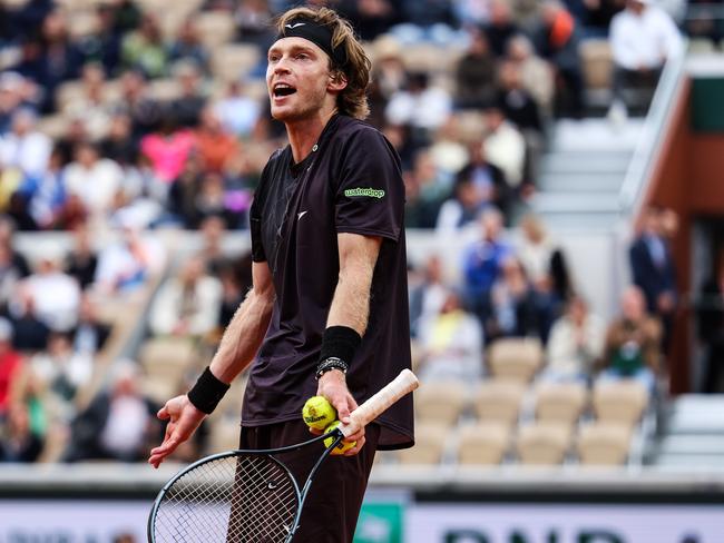 Andrey Rublev is playing against Matteo Arnaldi in the men's singles at the Roland Garros French Open tennis tournament in Paris, France, on May 31, 2024. (Photo by Ibrahim Ezzat/NurPhoto via Getty Images)