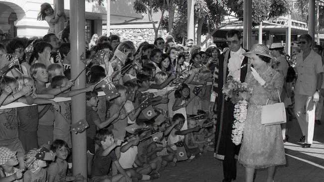 The Queen visits the Smith St Mall on October 6, 1982, with Lord Mayor Cec Black. Picture: Clive Hyde