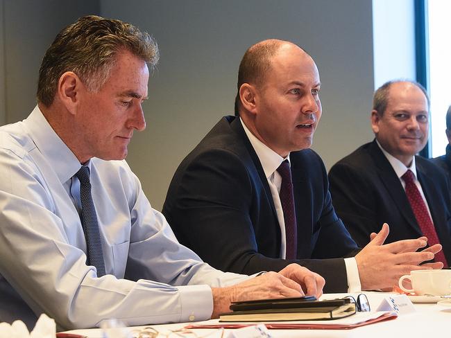 (L-R) NAB CEO Ross McEwan, Australian Federal Treasurer Josh Frydenberg and Westpac Acting CEO Peter King are seen during a meeting with other banking executives in Sydney, Wednesday, March 11, 2020. (AAP Image/Fairfax Media Pool, Peter Braig) NO ARCHIVING