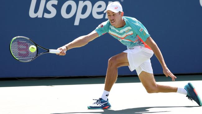 Alex de Minaur stretches wide for a forehand during a tough win over Russian Karen Khachanov at the US Open Picture: Getty Images