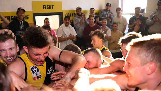 Jubilant VFL Tigers after their preliminary final victory over Port Melbourne.