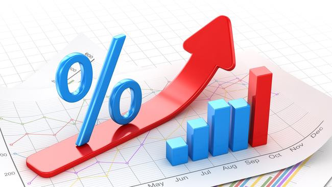 Percent symbol and business chart on financial paper, red arrow moving up. 3d render and computer generated image.