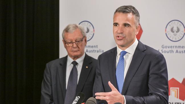 Premier Peter Malinauskas, flanked by former Police Commissioner Mal Hyde, release the Hyde and Alexander child protection reports. Picture: NCA NewsWire / Brenton Edwards