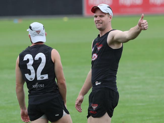 Ex Bulldogs player, Jake Stringer (R) at Essendon AFL training