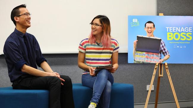 Eddie Woo with ABC ME host Rad during a live web broadcast at Cherrybrook Technology High School on Thursday. Pictures: Angelo Velardo