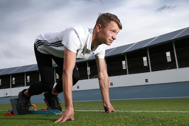 Sprinter Jack Colgrave 18 of Burnie prepares for the Tasmanian Christmas Carnivals series at West Park, Burnie. PICTURE CHRIS KIDD