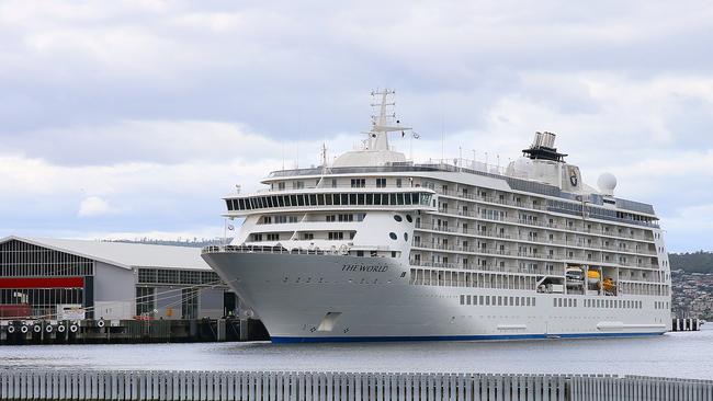 The World cruise ship at Macquarie Wharf in Hobart. Picture: SAM ROSEWARNE.