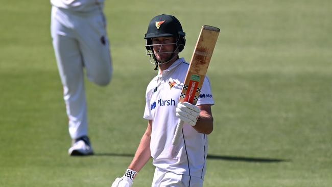 HOBART, AUSTRALIA – MARCH 13: Beau Webster of the Tigers celebrates scoring a half century during the Sheffield Shield match between Tasmania and South Australia at Blundstone Arena, on March 13, 2024, in Hobart, Australia. (Photo by Steve Bell/Getty Images)