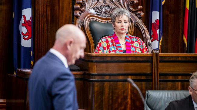 Former speaker Sue Hickey watches Premier Peter Gutwein during question time. Picture: RICHARD JUPE