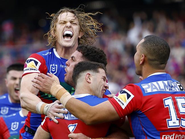 NRL 2024 RD27 Newcastle Knights v Dolphins - Adam Elliott, Try Celebration, Picture: NRL Photos