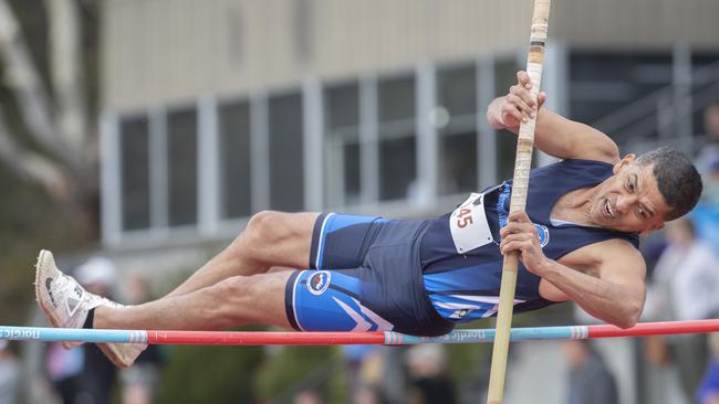 2024 Australian masters games at the Domain Athletics Centre, Domonic Carr 53 NSW during the Pole Vault. Picture: Chris Kidd