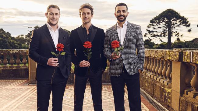 Former NRL player Luke Bateman, Australian model Ben Waddel and Brazilian influencer Wesley Senna Cortes are The Bachelors Australia 2023. Picture: Ten