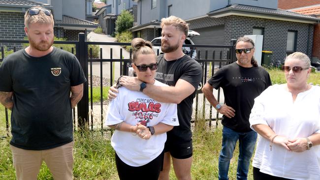 Natalie Gordon, her partner Hayden Cook, Tristen Standing and Tammy Gordon outside Ashley Gordon’s Doncaster home on Monday. Picture: Andrew Henshaw