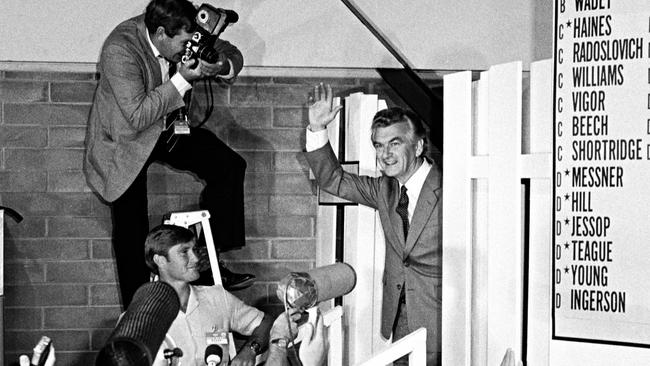 Bob Hawke enters the National Tally Room, Canberra on election night, March 5, 1983. Picture: National Archives of Australia NAA