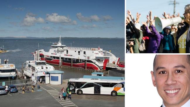 Cleveland’s Toondah Harbour; protesters at a rally to save Cleveland wetlands; and Environmental Defenders Office lawyer Andrew Kwan.