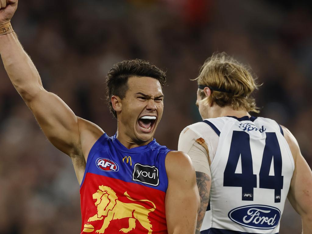 NCA. MELBOURNE, AUSTRALIA. September 21 , 2024. 2nd preliminary final between Geelong and the Brisbane Lions at the MCG. Cam Rayner of the Lions celebrates a 3rd quarter goal . Pic:Michael Klein