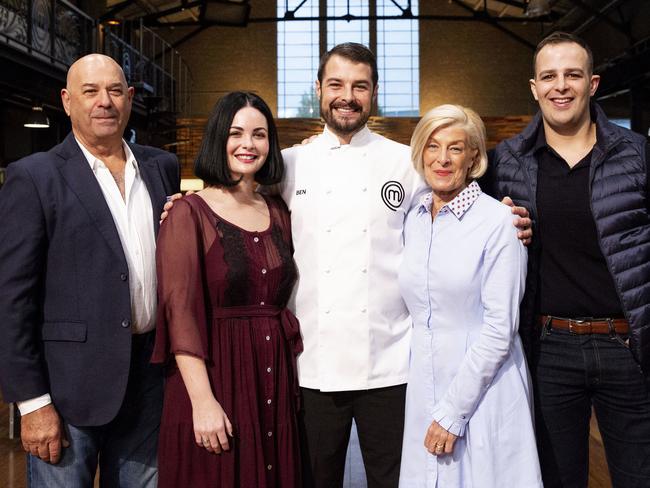 Brisbane’s MasterChef Australia finalist Ben Borsht flanked by father Peter, wife Caitlyn, mother Steph and brother Nick.