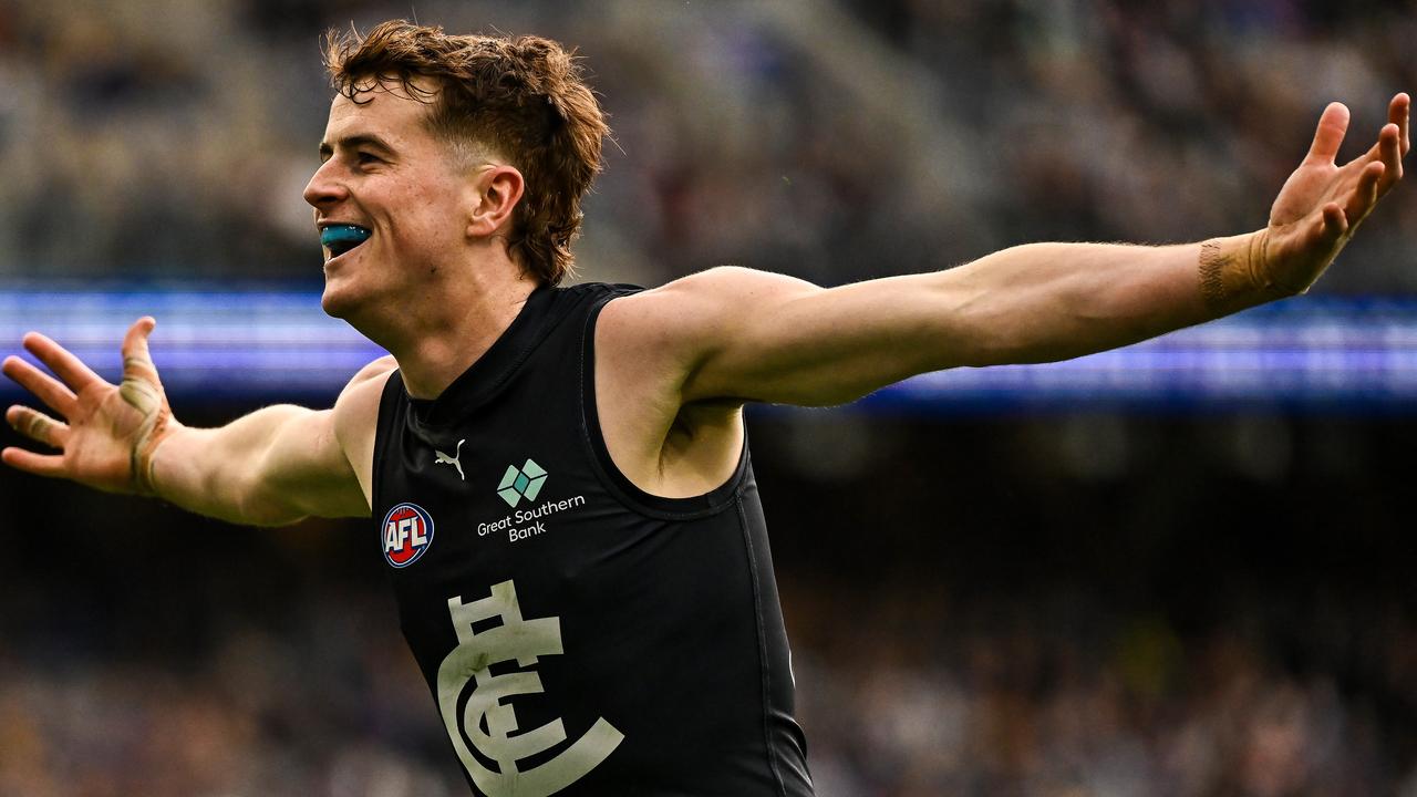 PERTH, AUSTRALIA - AUG 18: Jaxon Binns of the Blues celebrates a goal during the 2024 AFL Round 23 match between the West Coast Eagles and the Carlton Blues at Optus Stadium on August 18, 2024 in Perth, Australia. (Photo by Daniel Carson/AFL Photos via Getty Images)